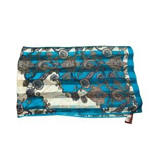 100% Silk Rectangular ASCOT Scarf Florals Beige Blue Peach Cream 69”x21”